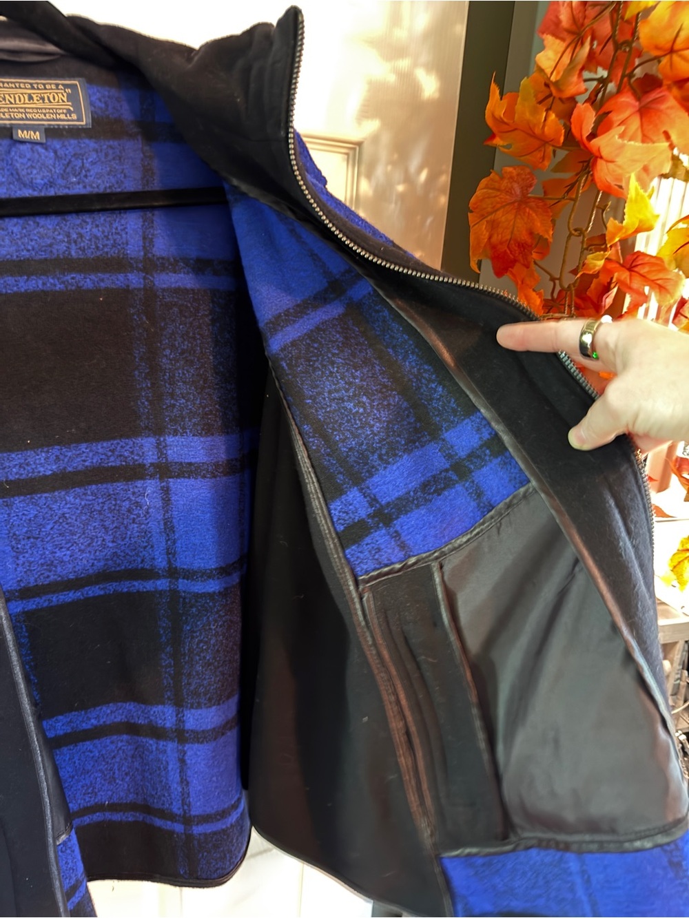 Pendleton Wool-Blend Black & Royal Blue Plaid Hooded Zip Cape - Picture 5 of 9